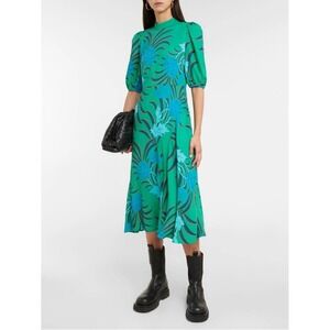 Diane von Furstenberg Nella Teal Green floral midi dress balloon sleeve 00